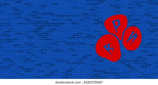 Blue Brick Wall with large red divination stones symbol. The symbol is located on the right, on the left there is empty space for your content. Vector illustration on blue background