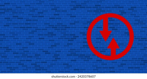Muro de ladrillo azul con gran ventaja roja de la señal de tráfico que se avecina. El símbolo está situado a la derecha, a la izquierda hay espacio vacío para el contenido. Ilustración vectorial sobre fondo azul