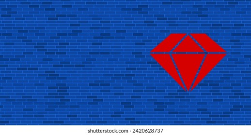 Muro de ladrillo azul con un gran símbolo de diamante rojo. El símbolo está situado a la derecha, a la izquierda hay espacio vacío para el contenido. Ilustración vectorial sobre fondo azul
