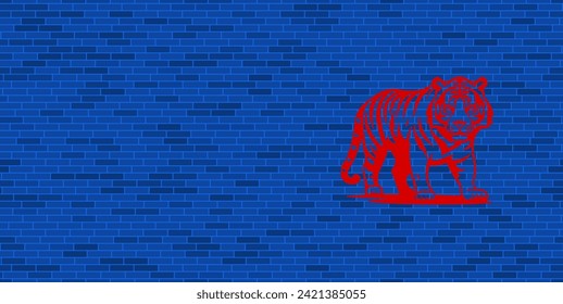 Blue Brick Wall with large red tiger symbol. The symbol is located on the right, on the left there is empty space for your content. Vector illustration on blue background