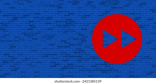 Blue Brick Wall with large red fast forward symbol. The symbol is located on the right, on the left there is empty space for your content. Vector illustration on blue background