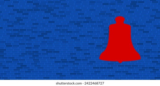 Blue Brick Wall mit großem roten Vintage Glockensymbol. Das Symbol befindet sich auf der rechten Seite, auf der linken Seite ist Leerzeichen für Ihre Inhalte. Vektorgrafik auf blauem Hintergrund