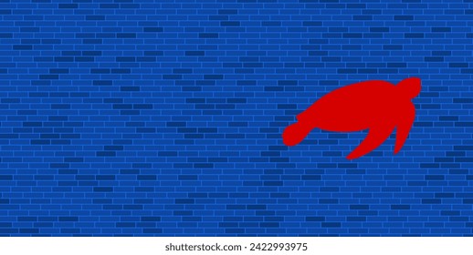 Blue Brick Wall with large red sea turtle symbol. The symbol is located on the right, on the left there is empty space for your content. Vector illustration on blue background