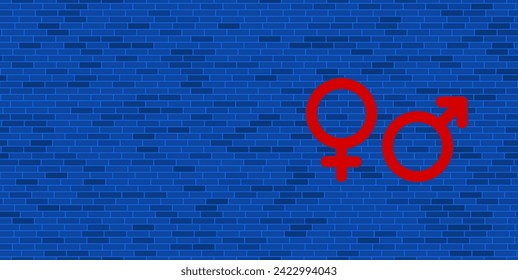 Pared de ladrillo azul con gran símbolo de género rojo. El símbolo está situado a la derecha, a la izquierda hay espacio vacío para el contenido. Ilustración vectorial sobre fondo azul