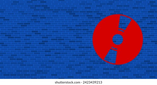 Blue Brick Wall with large red cd symbol. The symbol is located on the right, on the left there is empty space for your content. Vector illustration on blue background