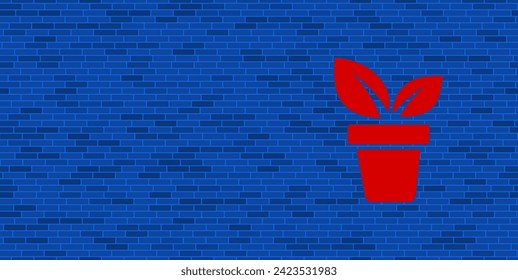Blue Brick Wall with large red plant in pot symbol. The symbol is located on the right, on the left there is empty space for your content. Vector illustration on blue background