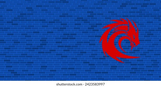 Blue Brick Wall with large red dragon's head symbol. The symbol is located on the right, on the left there is empty space for your content. Vector illustration on blue background