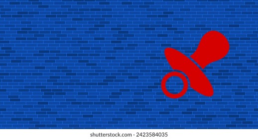 Blue Brick Wall with large red nipple symbol. The symbol is located on the right, on the left there is empty space for your content. Vector illustration on blue background