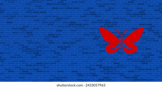 Blue Brick Wall with large red butterfly symbol. The symbol is located on the right, on the left there is empty space for your content. Vector illustration on blue background