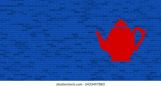 Blue Brick Wall with large red teapot. The symbol is located on the right, on the left there is empty space for your content. Vector illustration on blue background