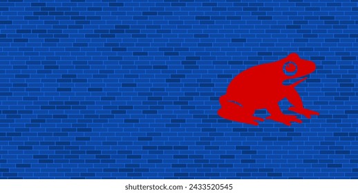 Blue Brick Wall with large red funny frog. The symbol is located on the right, on the left there is empty space for your content. Vector illustration on blue background