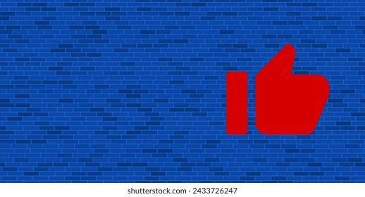 Blue Brick Wall with large red thumb up symbol. The symbol is located on the right, on the left there is empty space for your content. Vector illustration on blue background