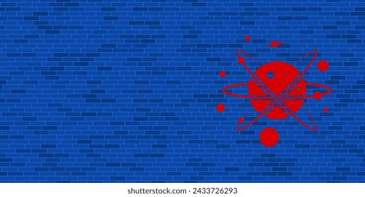 Pared de ladrillo azul con símbolo cósmico rojo grande. El símbolo se encuentra a la derecha, a la izquierda hay espacio vacío para su contenido. Ilustración vectorial sobre fondo azul