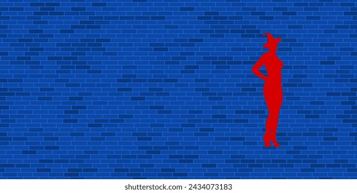 Pared de ladrillo azul con gran símbolo de bruja sexy roja. El símbolo se encuentra a la derecha, a la izquierda hay espacio vacío para su contenido. Ilustración vectorial sobre fondo azul