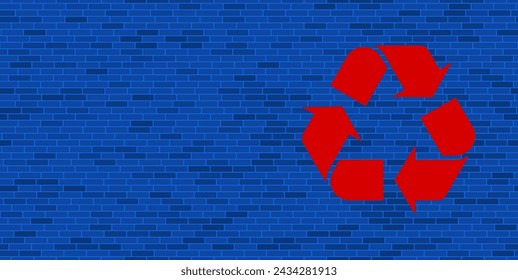 Blue Brick Wall with large red recycling symbol. The symbol is located on the right, on the left there is empty space for your content. Vector illustration on blue background