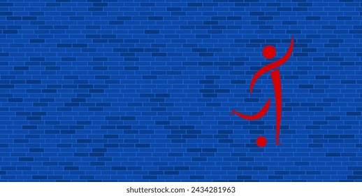 Blue Brick Wall with large red football soccer symbol. The symbol is located on the right, on the left there is empty space for your content. Vector illustration on blue background