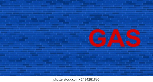 Blue Brick Wall with large red gas text symbol. The symbol is located on the right, on the left there is empty space for your content. Vector illustration on blue background