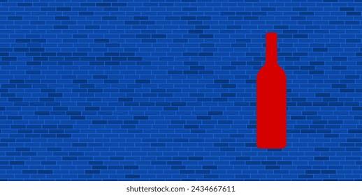 Blue Brick Wall with large red beer bottle symbol. The symbol is located on the right, on the left there is empty space for your content. Vector illustration on blue background