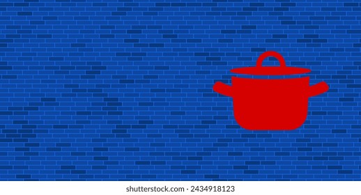 Blue Brick Wall with large red pot symbol. The symbol is located on the right, on the left there is empty space for your content. Vector illustration on blue background