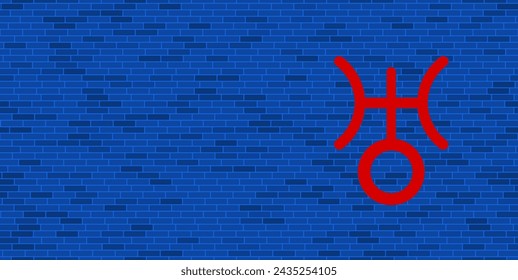 Blue Brick Wall with large red astrological uranus symbol. The symbol is located on the right, on the left there is empty space for your content. Vector illustration on blue background