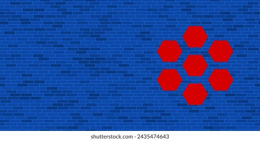 Blue Brick Wall with large red hive symbol. The symbol is located on the right, on the left there is empty space for your content. Vector illustration on blue background