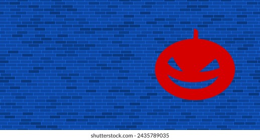 Blue Brick Wall with large red halloween pumpkin symbol. The symbol is located on the right, on the left there is empty space for your content. Vector illustration on blue background
