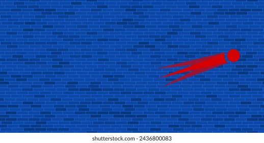 Blue Brick Wall with large red comet symbol. The symbol is located on the right, on the left there is empty space for your content. Vector illustration on blue background