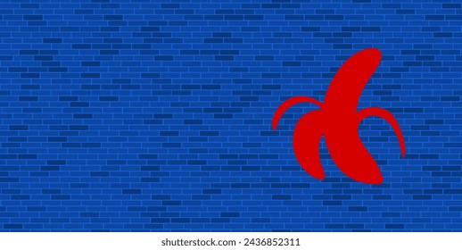 Blue Brick Wall with large red peeled banana symbol. The symbol is located on the right, on the left there is empty space for your content. Vector illustration on blue background