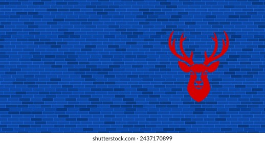 Blue Brick Wall with large red deer head symbol. The symbol is located on the right, on the left there is empty space for your content. Vector illustration on blue background