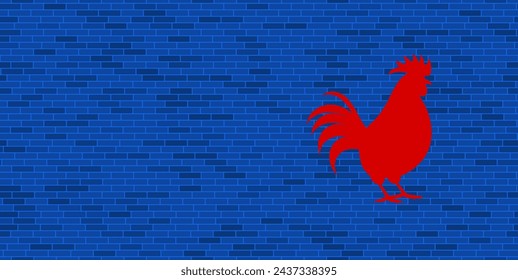 Blue Brick Wall with large red rooster symbol. The symbol is located on the right, on the left there is empty space for your content. Vector illustration on blue background