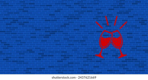 Pared de ladrillo azul con símbolo de tostada de champán rojo grande. El símbolo se encuentra a la derecha, a la izquierda hay espacio vacío para su contenido. Ilustración vectorial sobre fondo azul