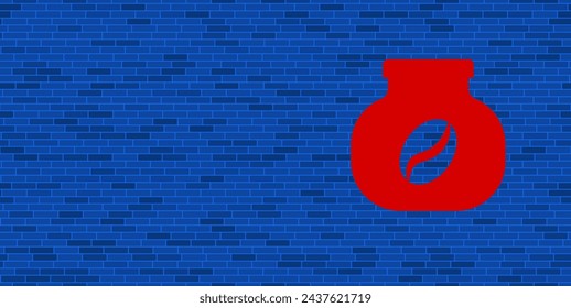 Blue Brick Wall with large red instant coffee symbol. The symbol is located on the right, on the left there is empty space for your content. Vector illustration on blue background