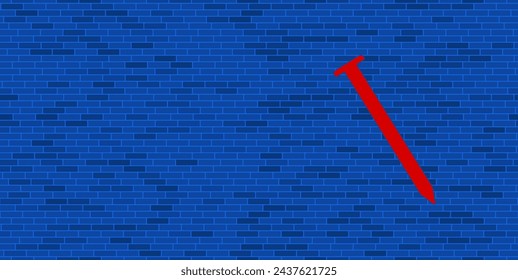 Blue Brick Wall with large red metal nail symbol. The symbol is located on the right, on the left there is empty space for your content. Vector illustration on blue background