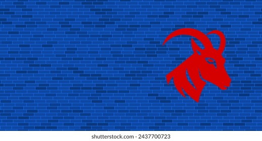 Blue Brick Wall with large red goat's head symbol. The symbol is located on the right, on the left there is empty space for your content. Vector illustration on blue background