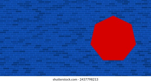 Blue Brick Wall with large red heptagon symbol. The symbol is located on the right, on the left there is empty space for your content. Vector illustration on blue background