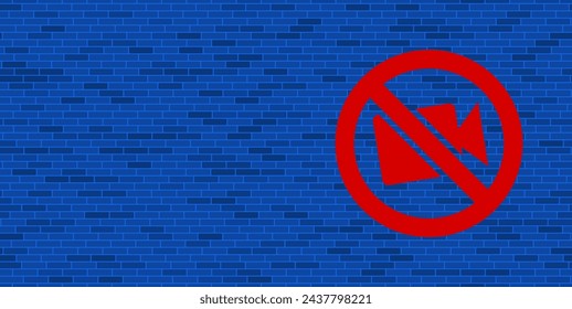 Blue Brick Wall with large red no video symbol. The symbol is located on the right, on the left there is empty space for your content. Vector illustration on blue background