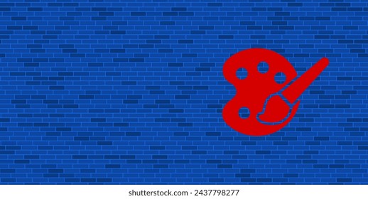 Blue Brick Wall with large red palette symbol. The symbol is located on the right, on the left there is empty space for your content. Vector illustration on blue background