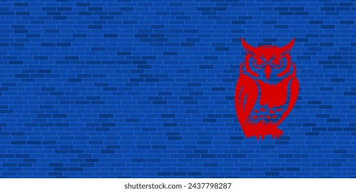 Blaue Ziegelwand mit großem roten Eule-Symbol. Das Symbol befindet sich auf der rechten Seite, auf der linken Seite gibt es freien Platz für Ihre Inhalte. Vektor-Illustration auf blauem Hintergrund
