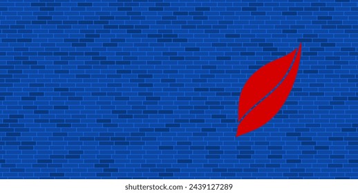 Blue Brick Wall with large red leaflet symbol. The symbol is located on the right, on the left there is empty space for your content. Vector illustration on blue background