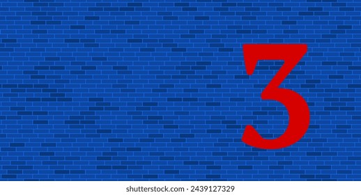 Blue Brick Wall with large red number three symbol. The symbol is located on the right, on the left there is empty space for your content. Vector illustration on blue background