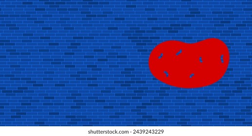 Blue Brick Wall with large red potatoes symbol. The symbol is located on the right, on the left there is empty space for your content. Vector illustration on blue background