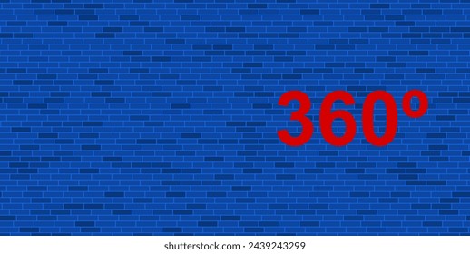 Pared de ladrillo azul con gran símbolo rojo de 360 grados. El símbolo se encuentra a la derecha, a la izquierda hay espacio vacío para su contenido. Ilustración vectorial sobre fondo azul