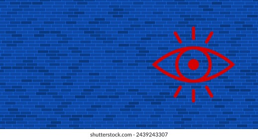 Blue Brick Wall with large red vision symbol. The symbol is located on the right, on the left there is empty space for your content. Vector illustration on blue background