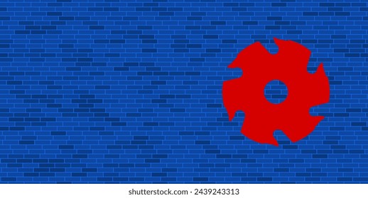Blue Brick Wall with large red milling disc symbol. The symbol is located on the right, on the left there is empty space for your content. Vector illustration on blue background