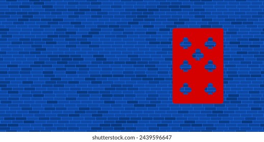 Blaue Ziegelwand mit großen roten sieben Kreuzen Spielkarte. Das Symbol befindet sich auf der rechten Seite, auf der linken Seite gibt es freien Platz für Ihre Inhalte. Vektor-Illustration auf blauem Hintergrund