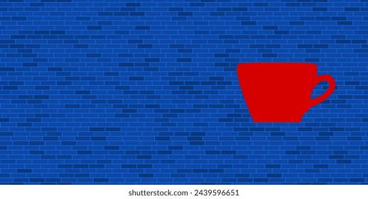 Blue Brick Wall with large red coffee cup symbol. The symbol is located on the right, on the left there is empty space for your content. Vector illustration on blue background