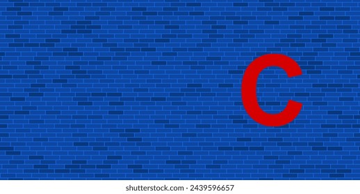 Blue Brick Wall with large red capital letter C symbol. The symbol is located on the right, on the left there is empty space for your content. Vector illustration on blue background