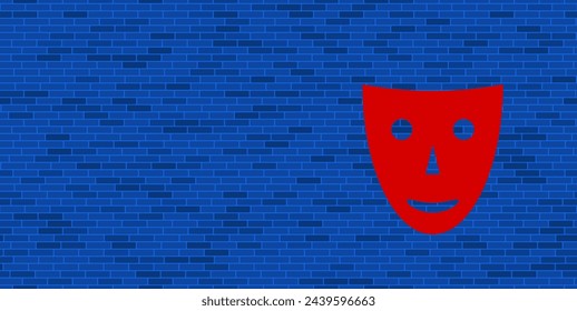 Blue Brick Wall with large red theatrical mask. The symbol is located on the right, on the left there is empty space for your content. Vector illustration on blue background