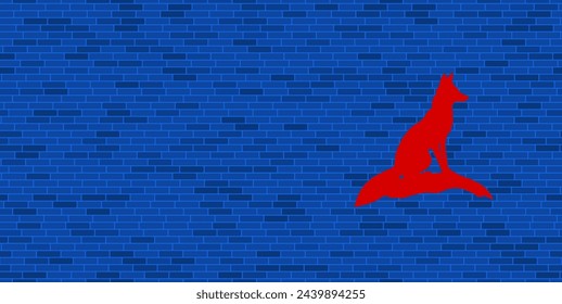 Blue Brick Wall with large red fox symbol. The symbol is located on the right, on the left there is empty space for your content. Vector illustration on blue background