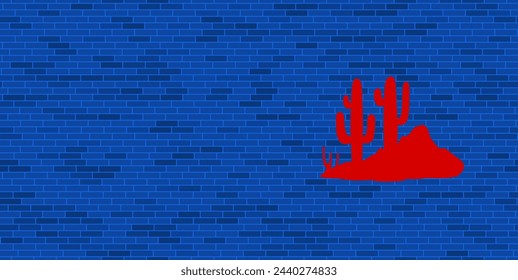 Blue Brick Wall with large red wild cactus symbol. The symbol is located on the right, on the left there is empty space for your content. Vector illustration on blue background
